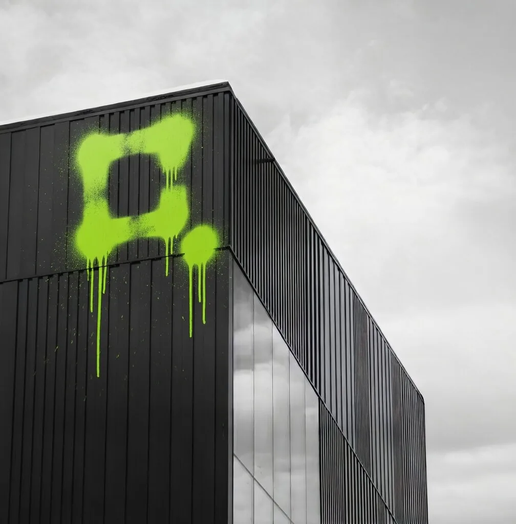 QNT/L mark sprayed on the corner of a dark industrial facade